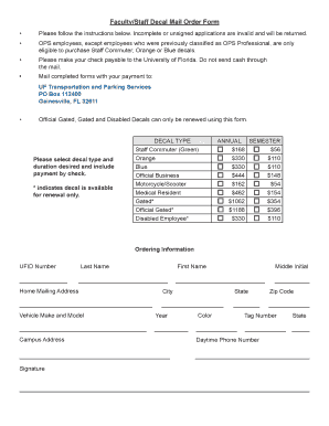 University of Florida Faculty/Staff Decal Mail Order Form