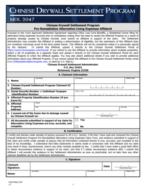 Example of affidavit of loss - Chinese Drywall Settlement Program Pre-Remediation Alternative ...