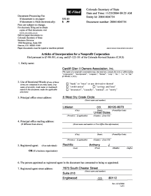 Colorado Nonprofit Articles of Incorporation
