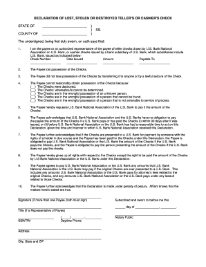Declaration of Lost Stolen or Destroyed Teller's or Cashier's Check