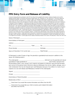 NFL Punt Pass & Kick Entry Form and Release of Liability