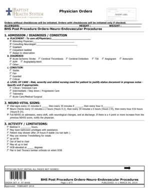 BHS Post Procedure Orders Neuro Endovascular Procedures