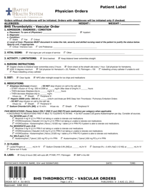 BHS Thrombolytic Vascular Order Form