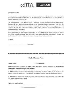 Student Release Form for Teacher Performance Assessment