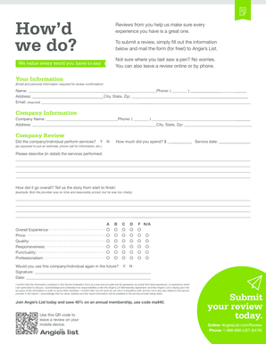 Angie's List Service Evaluation Form