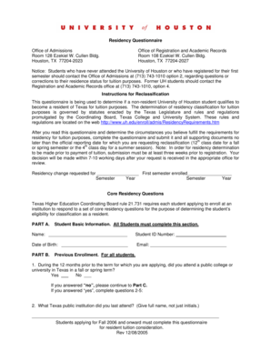 Texas Residency Questionnaire for Tuition Purposes
