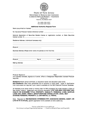 New Jersey Additional Authority Request Form