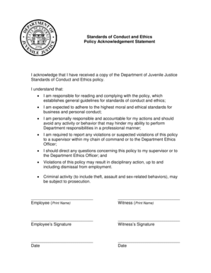 Department of Juvenile Justice Standards of Conduct and Ethics Policy Acknowledgement