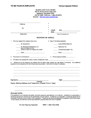 Maryland Tax Court Appeal Petition