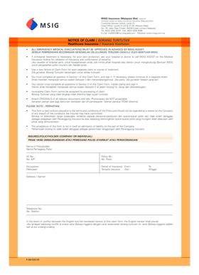 MSIG Malaysia Healthcare Insurance Claim Form