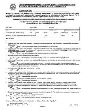 Nevada State Contractors Board Background Disclosure Statement