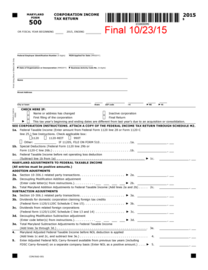 Maryland Corporation Income 2015 Tax Return