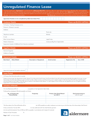Unregulated Finance Lease Agreement