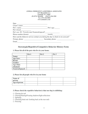 Stereotypic Behavior History Form