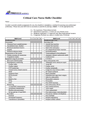 Critical Care Nurse Skills Checklist
