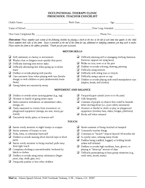 Preschool Teacher Checklist for Occupational Therapy
