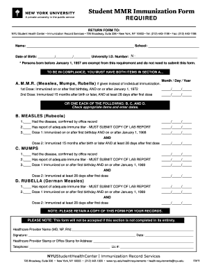 NYU Student MMR Immunization Form