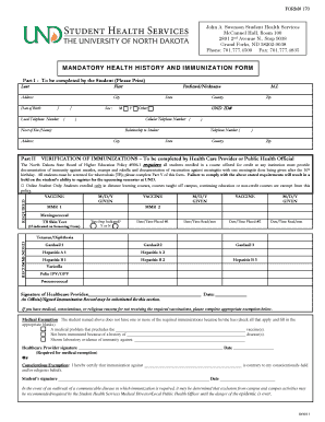 Mandatory Health History and Immunization Form