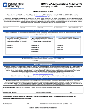 Indiana State University Immunization Form