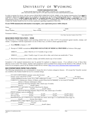 University of Wyoming Student Immunization Form