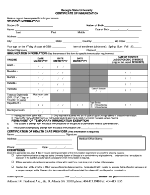 Georgia State University Certificate of Immunization