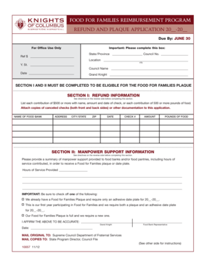 Knights of Columbus Food for Families Reimbursement Application