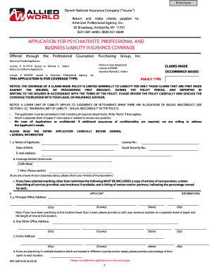 Psychiatrists' Professional and Business Liability Insurance Application