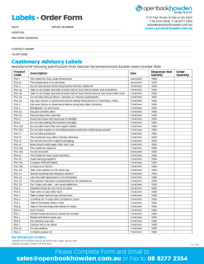 Cautionary Advisory Labels Order Form