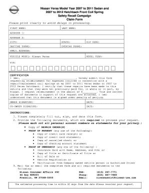 Nissan Versa Coil Spring Safety Recall Claim Form