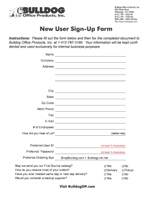 Bulldog Office Products New User Sign-Up Form
