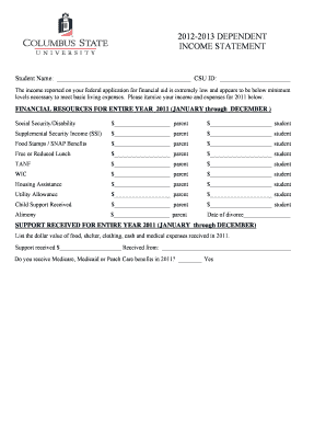 2012-2013 Dependent Income Statement