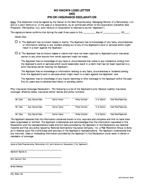 No Known Loss Letter and Prior Insurance Declaration