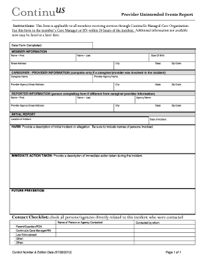 Provider Unintended Events Report