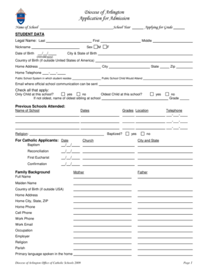 Diocese of Arlington Application for Admission