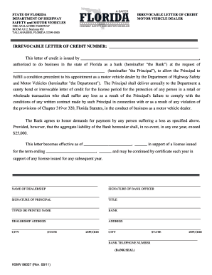 Florida Irrevocable Letter of Credit for Motor Vehicle Dealers