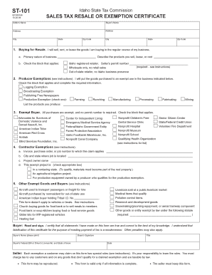Idaho Sales Tax Resale or Exemption Certificate