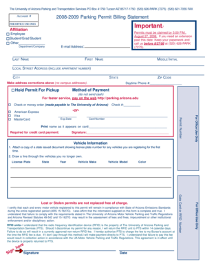 University of Arizona Parking Permit Billing Statement