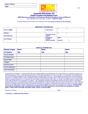 Corporate Kids Events Consent and Release Form