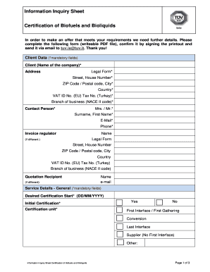 Biofuels Certification Inquiry Form