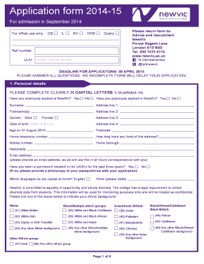 NewVIc College Application Form 2014-15