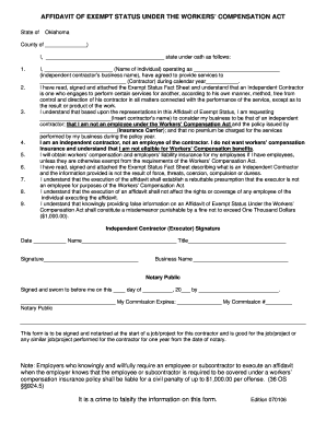 Affidavit of Exempt Status Under the Workers’ Compensation Act