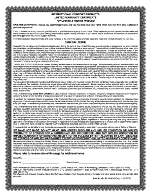 International Comfort Products Limited Warranty Certificate