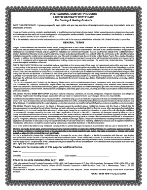 International Comfort Products Limited Warranty Certificate