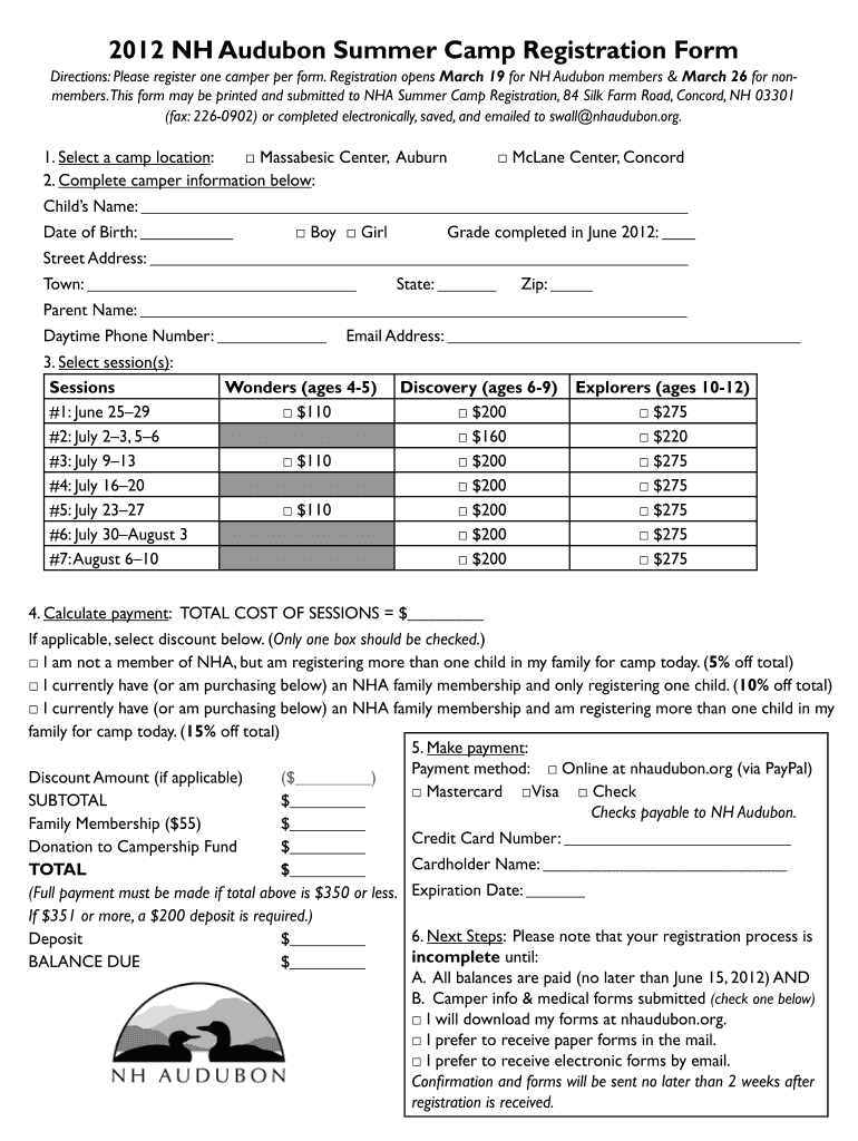 Fillable Online 2012 NH Audubon Summer Camp Registration Form
