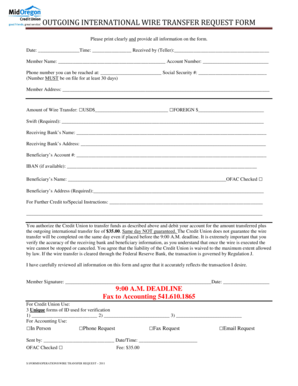 Outgoing International Wire Transfer Request Form