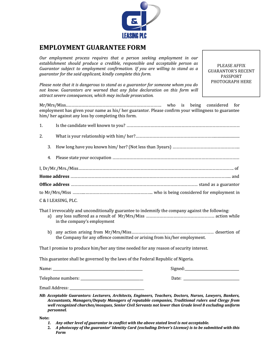 Employment Guarantee Form