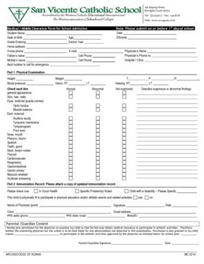 Medical Athletic Clearance Form for School Admission