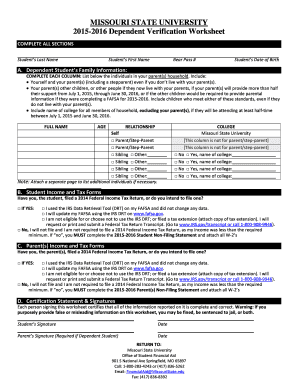 Missouri State University Dependent Verification Worksheet