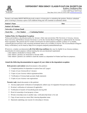 Arizona Dependent Residency Classification Exception Form