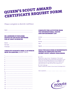 Queen's Scout Award Certificate Request Form